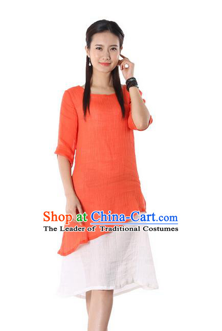 Top Chinese Traditional Costume Tang Suit Orange Blouse, Pulian Zen Clothing China Cheongsam Dress Upper Outer Garment Shirts for Women