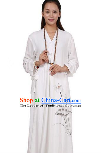 Top Chinese Traditional Costume Tang Suit Linen Upper Outer Garment Qipao Dress, Pulian Zen Clothing Republic of China Cheongsam Painting Lotus White Dress for Women