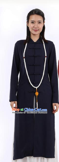 Top Chinese Traditional Costume Tang Suit Plated Buttons Linen Outer Garment Coats, Pulian Zen Clothing Republic of China Cheongsam Navy Dust Coat for Women