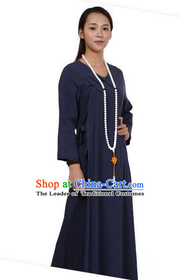 Top Chinese Traditional Costume Tang Suit Linen Qipao Dress, Pulian Zen Clothing Republic of China Cheongsam Navy Long Dress for Women