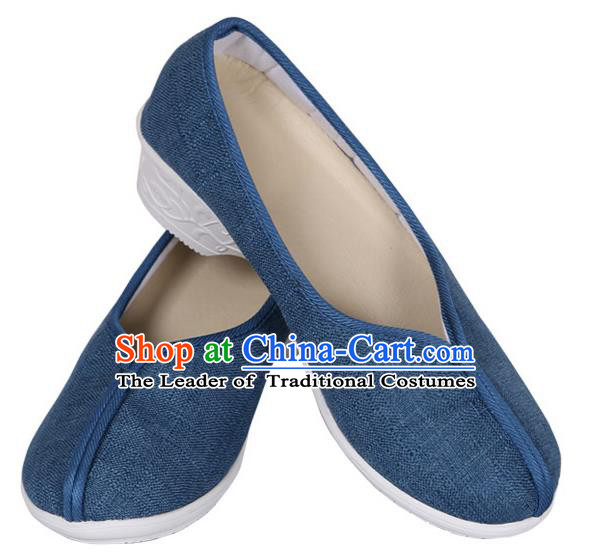 Top Chinese Traditional Linen High-heeled Shoes, Pulian Zen Shoes China Martial Art Blue Cloth Shoe for Women