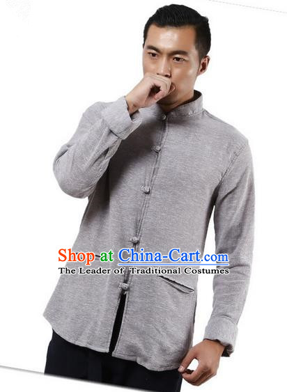 Traditional Chinese Kung Fu Costume Martial Arts Linen Shirts Pulian Meditation Clothing, China Tang Suit Upper Outer Garment Grey Overshirt for Men