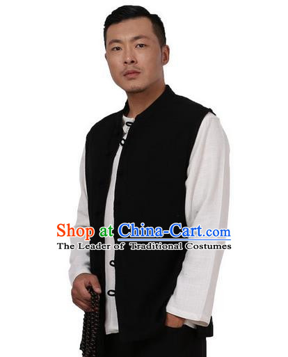 Traditional Chinese Kung Fu Costume Martial Arts Linen Plated Buttons Waistcoat Pulian Meditation Clothing, China Tang Suit Vest Tai Chi Black Weskit for Men