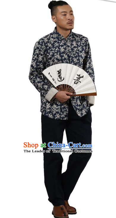 Traditional Chinese Kung Fu Costume Martial Arts Linen Plated Buttons Shirts Pulian Meditation Clothing, China Tang Suit Upper Outer Garment Navy Overshirt for Men