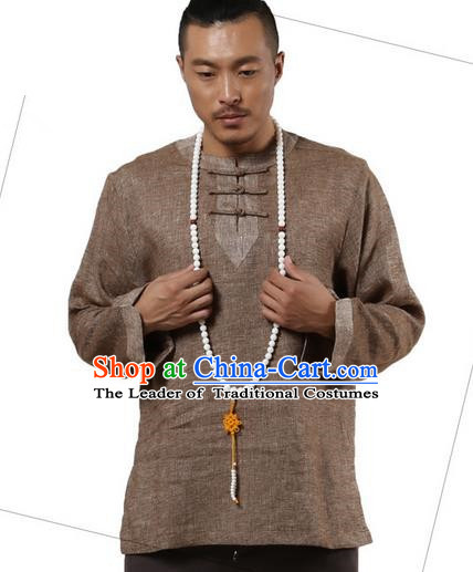 Traditional Chinese Kung Fu Costume Pulian Meditation Clothing Martial Arts Linen Plated Buttons Shirts, China Tang Suit Upper Outer Garment Brown Overshirt for Men