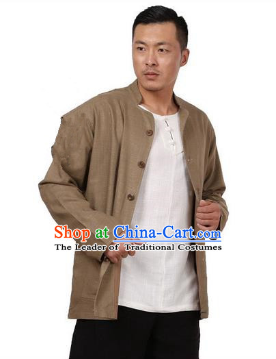 Traditional Chinese Kung Fu Costume Martial Arts Linen Khaki Coats Pulian Meditation Clothing, China Tang Suit Upper Outer Garment for Men
