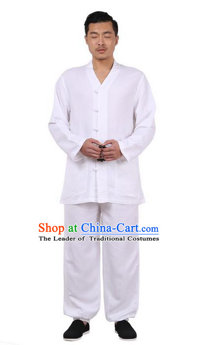 Traditional Chinese Kung Fu Costume Martial Arts Linen Slant Opening White Suits Pulian Meditation Clothing, China Tang Suit Uniforms Tai Chi Clothing for Men