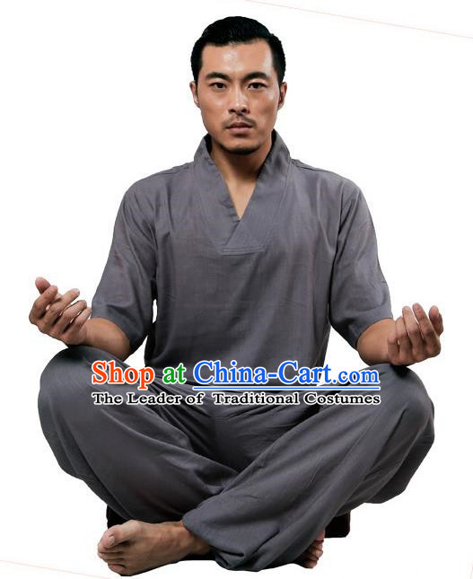 Traditional Chinese Kung Fu Costume Martial Arts Linen Plated Buttons Grey Suits Pulian Meditation Clothing, China Tang Suit Uniforms Tai Chi Clothing for Men