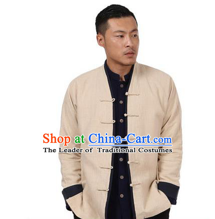 Traditional Chinese Kung Fu Costume Martial Arts Linen Beige Plated Buttons Coats Pulian Meditation Clothing, China Tang Suit Jackets Wushu Taiji Clothing for Men