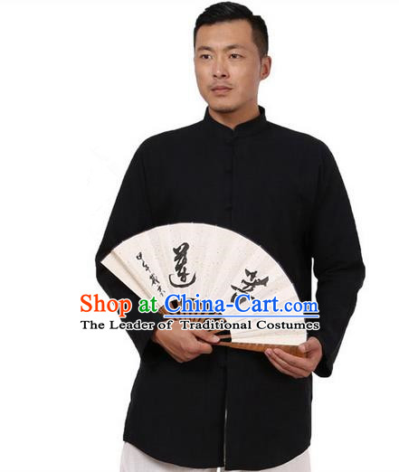 Traditional Chinese Kung Fu Costume Martial Arts Ramie Black Shirts Pulian Meditation Clothing, China Tang Suit Overshirts Tai Chi Long Gown for Men