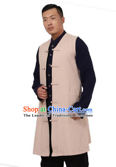Traditional Chinese Kung Fu Costume Martial Arts Beige Vest Pulian Meditation Clothing, China Tang Suit Waistcoat Tai Chi Long Weskit for Men