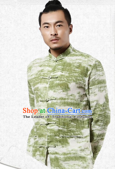 Traditional Chinese Kung Fu Costume Martial Arts Tang Suit Shirts Pulian Meditation Clothing, China Tai Chi Plated Buttons Green Overshirts for Men