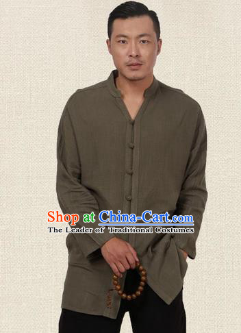 Traditional Chinese Kung Fu Costume Martial Arts Tang Suit Plated Buttons Shirts Pulian Meditation Clothing, China Tai Chi Army Green Overshirts for Men