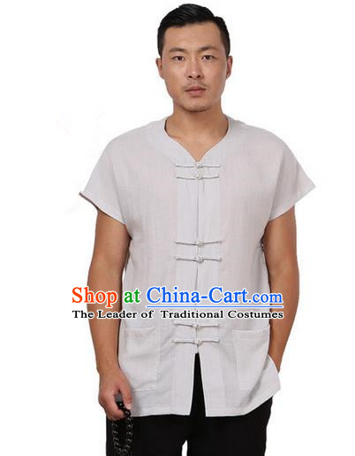Traditional Chinese Kung Fu Costume Martial Arts Tang Suit Plated Buttons Shirts Pulian Meditation Clothing, China Tai Chi Grey Short Sleeve T-shirts for Men