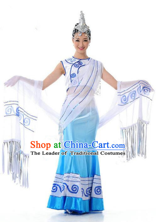 Traditional Chinese Dai Nationality Dance Costume, Folk Dance Ethnic Blue Dress, Chinese Dai Minority Nationality Dance Clothing for Women