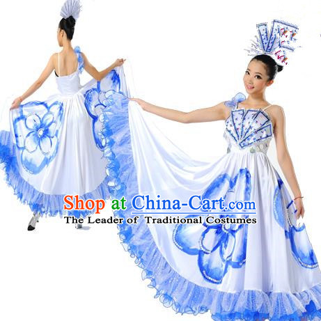 Chinese Classic Stage Performance Chorus Singing Group Dance Costumes, Opening Dance Folk Dance Big Swing Blue Dress for Women