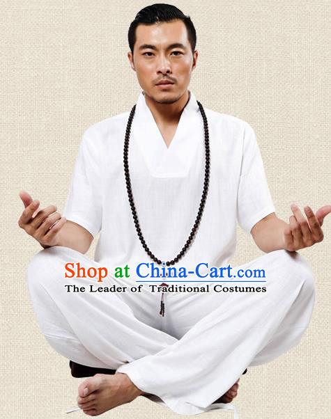 Traditional Chinese Kung Fu Costume Martial Arts Linen Plated Buttons White Suits Pulian Meditation Clothing, China Tang Suit Uniforms Tai Chi Clothing for Men