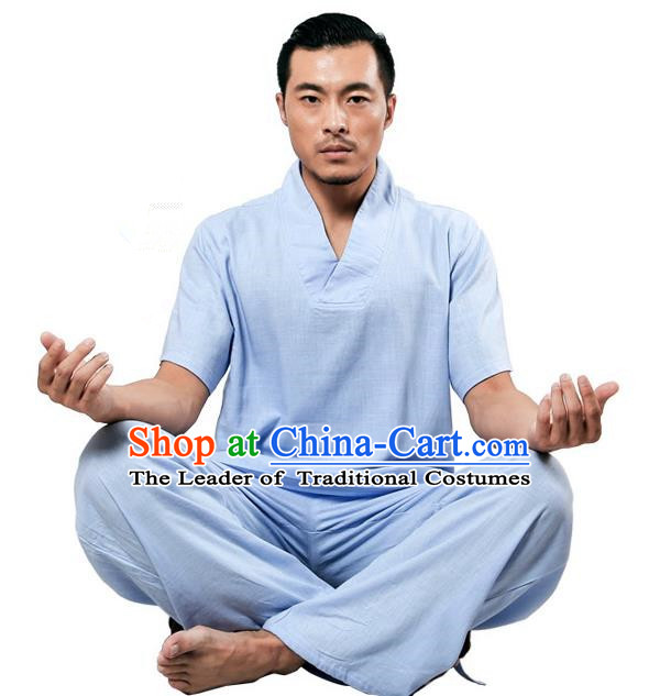 Traditional Chinese Kung Fu Costume Martial Arts Linen Plated Buttons Blue Suits Pulian Meditation Clothing, China Tang Suit Uniforms Tai Chi Clothing for Men