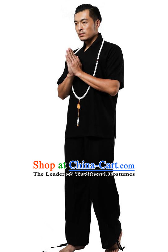 Traditional Chinese Kung Fu Costume Martial Arts Linen Plated Buttons Black Suits Pulian Meditation Clothing, China Tang Suit Uniforms Tai Chi Clothing for Men