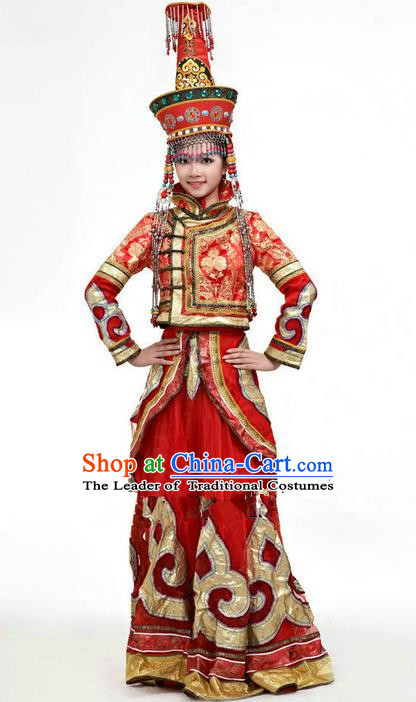 Traditional Chinese Mongol Nationality Dance Costume and Hat Complete Set, Mongols Female Folk Dance Ethnic Pleated Skirt, Chinese Mongolian Minority Nationality Red Dress Clothing for Women