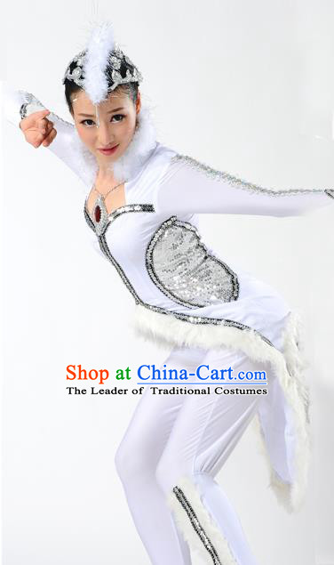 Traditional Chinese Mongol Nationality White Fox Dance Costume, Mongols Female Folk Dance Clothing, Chinese Mongolian Minority Nationality Clothing for Women
