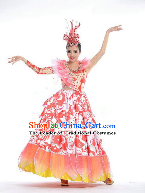Top Chinese Classic Stage Performance Chorus Singing Group Costumes, Opening Dance Folk Dance Big Swing Dress for Women
