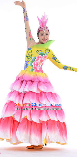 Chinese Classic Stage Performance Chorus Singing Group Costumes, Opening Dance Folk Dance Flowers Big Swing Dress for Women