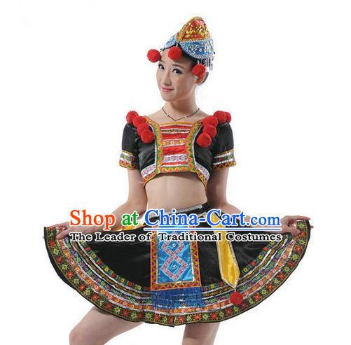 Traditional Chinese Miao Nationality Dancing Costume, Hmong Female Folk Dance Ethnic Pleated Skirt, Chinese Tujia Minority Nationality Dance Clothing for Women