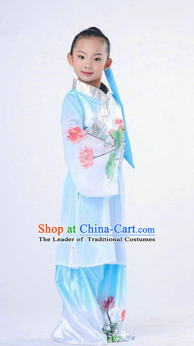 Traditional Chinese Classical Dance Peking Opera Performance Costume, Children Folk Dance Uniform Lotus Dance Blue Clothing for Kids