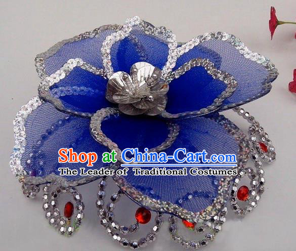 Traditional Chinese Folk Dance Headwear Yangko Hair Accessories, Chinese Classical Dance Blue Flower Headpiece Hair Pin for Women
