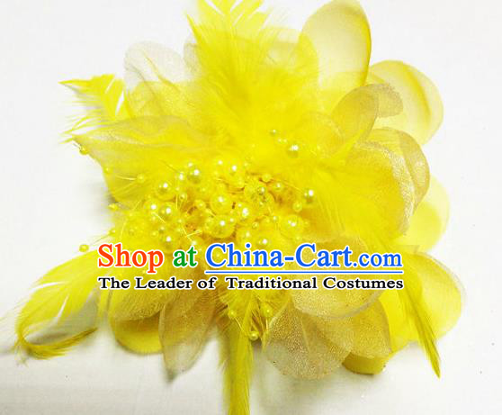 Traditional Chinese Folk Dance Headwear Yangko Hair Accessories, Chinese Classical Dance Yellow Feather Headpiece Hair Pin for Women