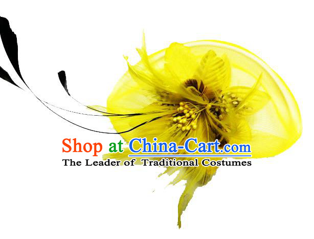 Traditional Chinese Folk Dance Headwear Yangko Hair Accessories, Chinese Classical Dance Yellow Feather Veil Headpiece Hair Pin for Women