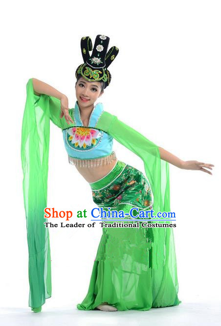 Traditional Chinese Classical Dance Flying Dance Water Sleeve Costume, Folk Dance Drum Dance Uniform Yangko Green Dress for Women