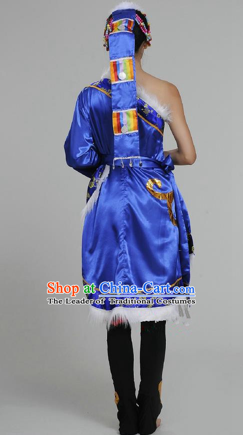 Traditional Chinese Zang Nationality Dancing Costume, Tibetan Female Folk Dance Dress, Chinese Tibetan Minority Nationality Blue Clothing for Women