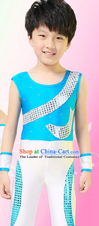 Chinese Modern Dance Costume, Children Opening Classic Chorus Singing Group Uniforms, Modern Dance Blue Gym Suit for Boys Kids