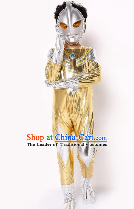 Chinese Modern Dance Costume, Children Cosplay Ultraman Uniforms, Halloween Party Golden Suit for Boys Kids