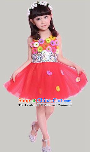 Traditional Chinese Modern Dance Compere Performance Costume, Children Opening Dance Chorus Flowers Dress, Classic Dance Red Bubble Dress for Girls Kids