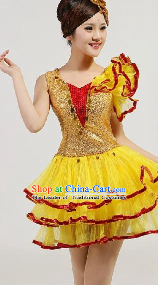 Chinese Compere Performance Costume, Opening Dance Chorus Dress, Modern Dance Classic Dance Yellow Bubble Dress for Women