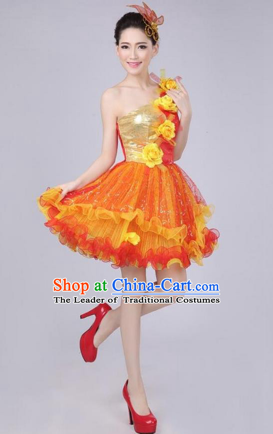 Chinese Compere Performance Costume, Opening Dance Chorus Dress, Modern Dance Classic Dance One-shoulder Yellow Flowers Bubble Dress for Women