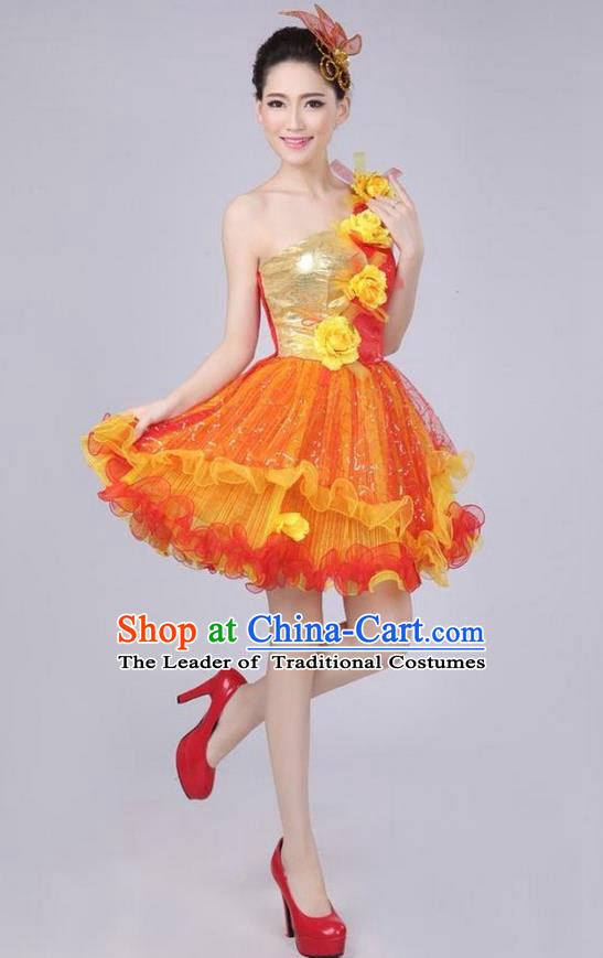 Chinese Compere Performance Costume, Opening Dance Chorus Dress, Modern Dance Classic Dance One-shoulder Yellow Flowers Bubble Dress for Women