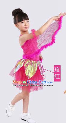 Top Compere Performance Catwalks Costume, Children Chorus Red Dress with Wings, Modern Dance Princess Short Pink Bubble Dress for Girls Kids