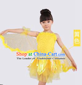 Top Compere Performance Catwalks Costume, Children Chorus Red Dress with Wings, Modern Dance Princess Short Yellow Bubble Dress for Girls Kids