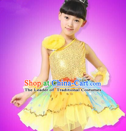 Top Compere Performance Catwalks Costume, Children Chorus Red Dress, Modern Dance Princess Yellow Veil Bubble Dress for Girls Kids