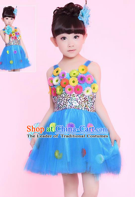 Traditional Chinese Modern Dance Compere Performance Costume, Children Opening Dance Chorus Flowers Dress, Classic Dance Blue Bubble Dress for Girls Kids