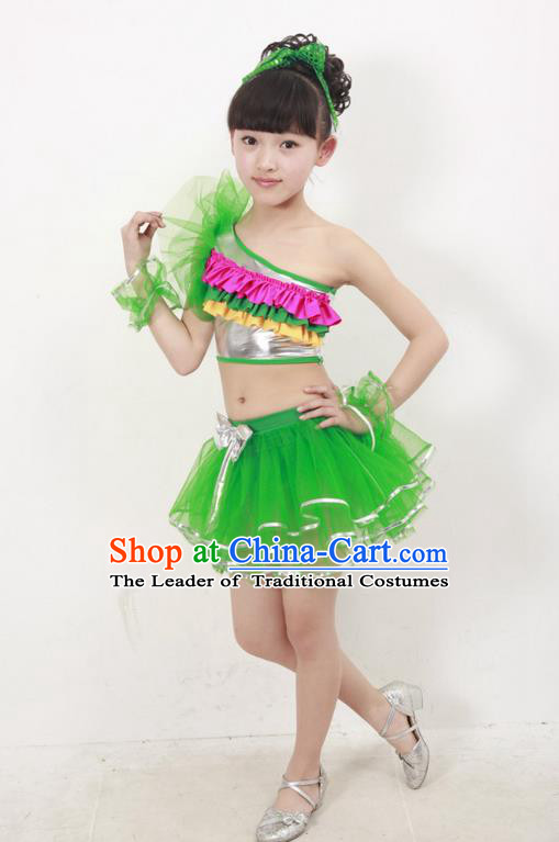 Top Compere Performance Catwalks Costume, Children Chorus Dress, Modern Latin Dance Green Veil Bubble Dress for Girls Kids