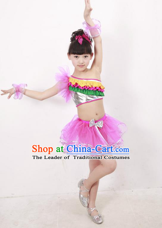 Top Compere Performance Catwalks Costume, Children Chorus Dress, Modern Latin Dance Pink Veil Bubble Dress for Girls Kids