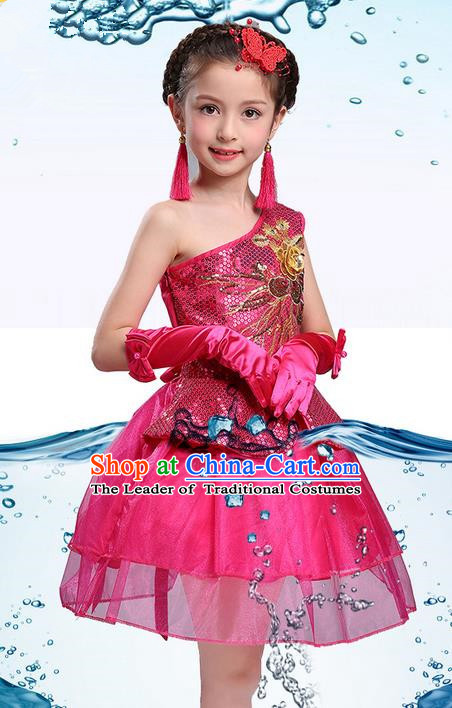 Traditional Chinese Modern Dance Compere Performance Costume, Children Opening Dance Chorus One-shoulder Dress, Classic Dance Pink Bubble Dress for Girls Kids