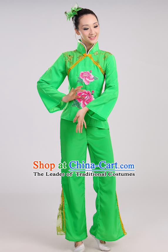 Traditional Chinese Yangge Fan Dancing Costume, Folk Dance Yangko Mandarin Sleeve Uniform Drum Dance Green Clothing for Women