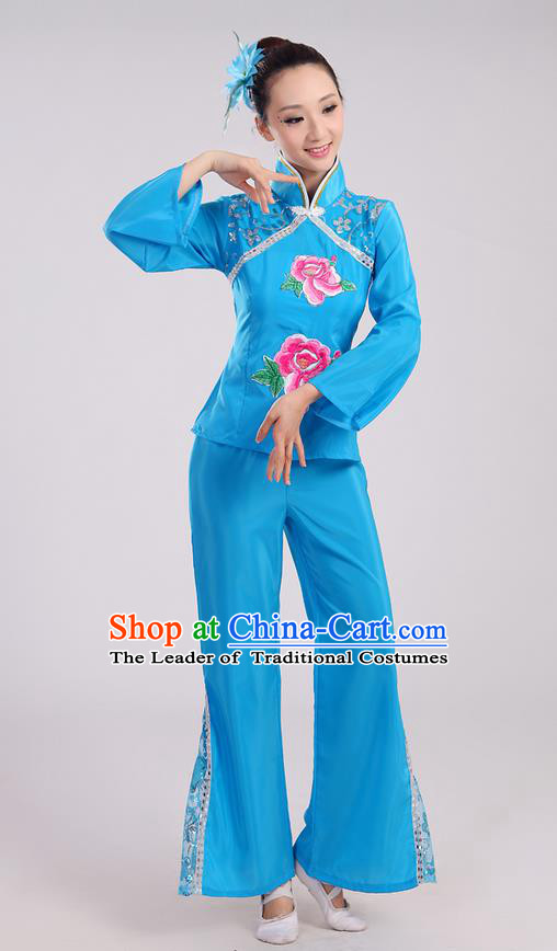 Traditional Chinese Yangge Fan Dancing Costume, Folk Dance Yangko Mandarin Sleeve Uniform Drum Dance Blue Clothing for Women