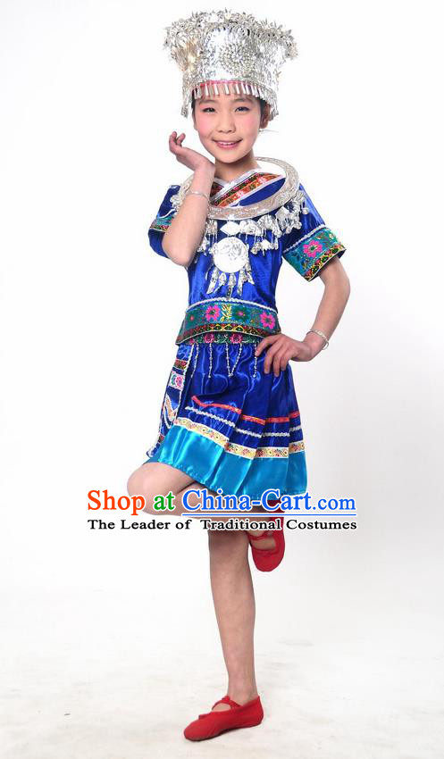Traditional Chinese Miao Nationality Dancing Costume, Hmong Children Folk Dance Ethnic Pleated Skirt, Chinese Miao Minority Embroidery Blue Clothing for Kids